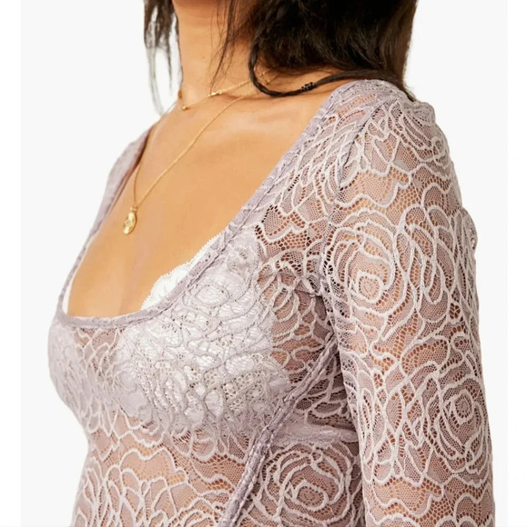 Free People - In My Head Sheer Lace Bodysuit in Thimble - Picture 4 of 5